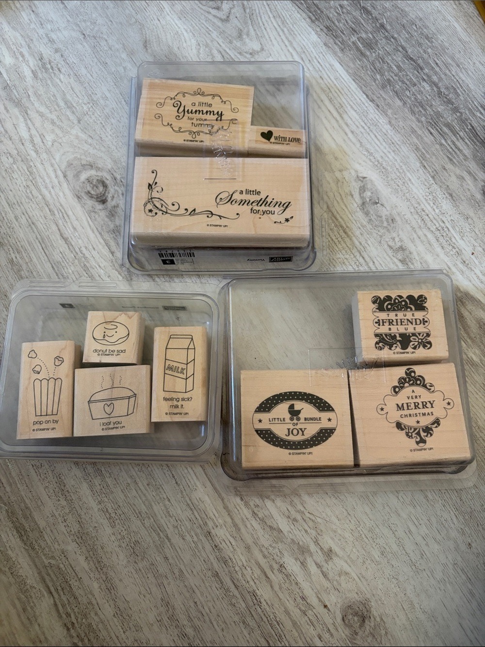 3 Sets Wooden Rubber Stamp Sets - food, treat bags, special tags, cards, crafts